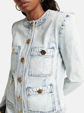 NWT Balmain Denim Light Acid Wash Cropped Jacket Sz 36